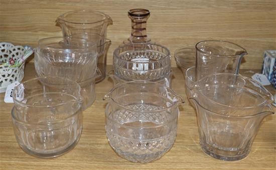 Nine 19th century glass rinsers, assorted glass bowls and a carafe